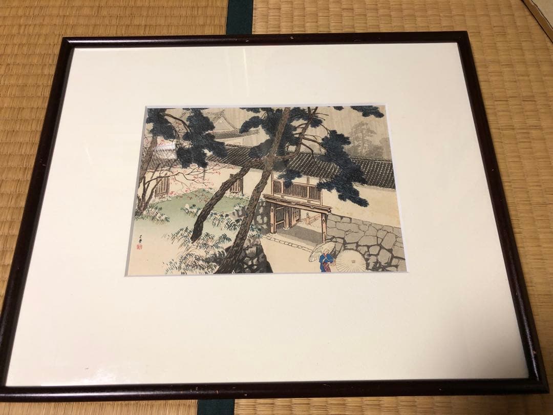 川合玉堂　木版画　古寺の春　版画24×18cm 額44×37cm