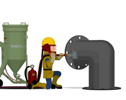 A worker is sand blasting on white background A worker is sand blasting on white background